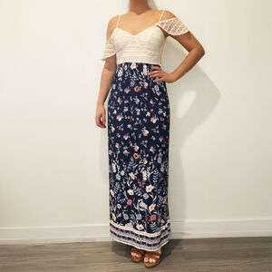 Trixxi Off Shoulder Lace & Floral Maxi Dress Blue White Women’s Size S Boho